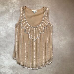 Boston Proper Sequin & Bead Tank Top Scoop Neck Scallop Hem Nude w/ Lining 2